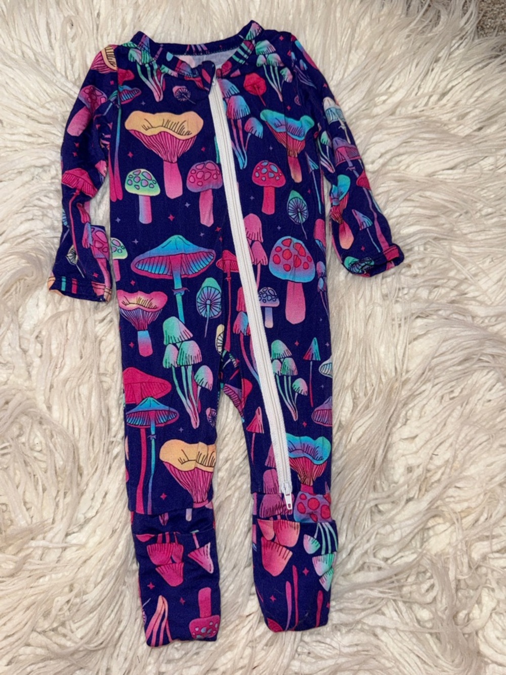 Girls Navy Mushroom-Print Footed One-Piece Pajamas